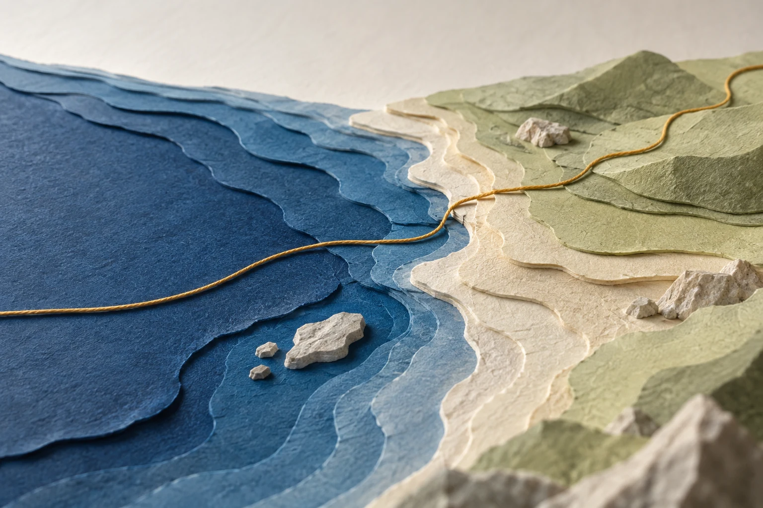 海と陸を一本の糸で結んだ紙の地形による物流のコンセプトアート