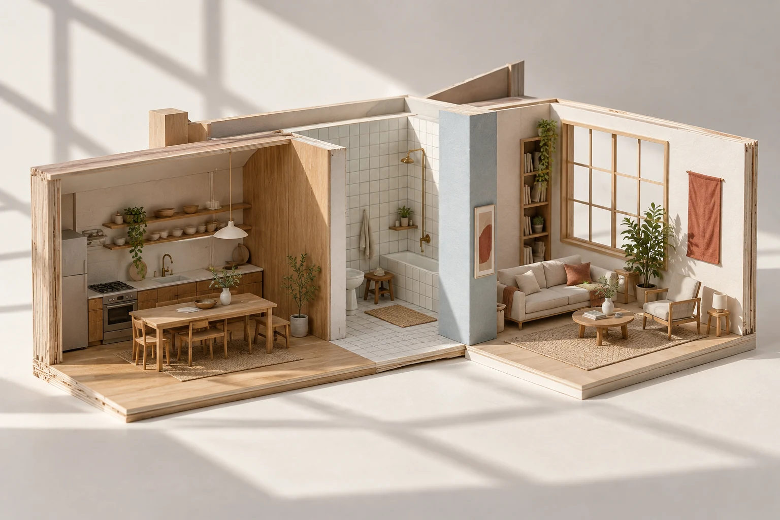 キッチン、浴室、居間を異なる素材のポップアップ模型でつないだ住まいのコンセプトアート
