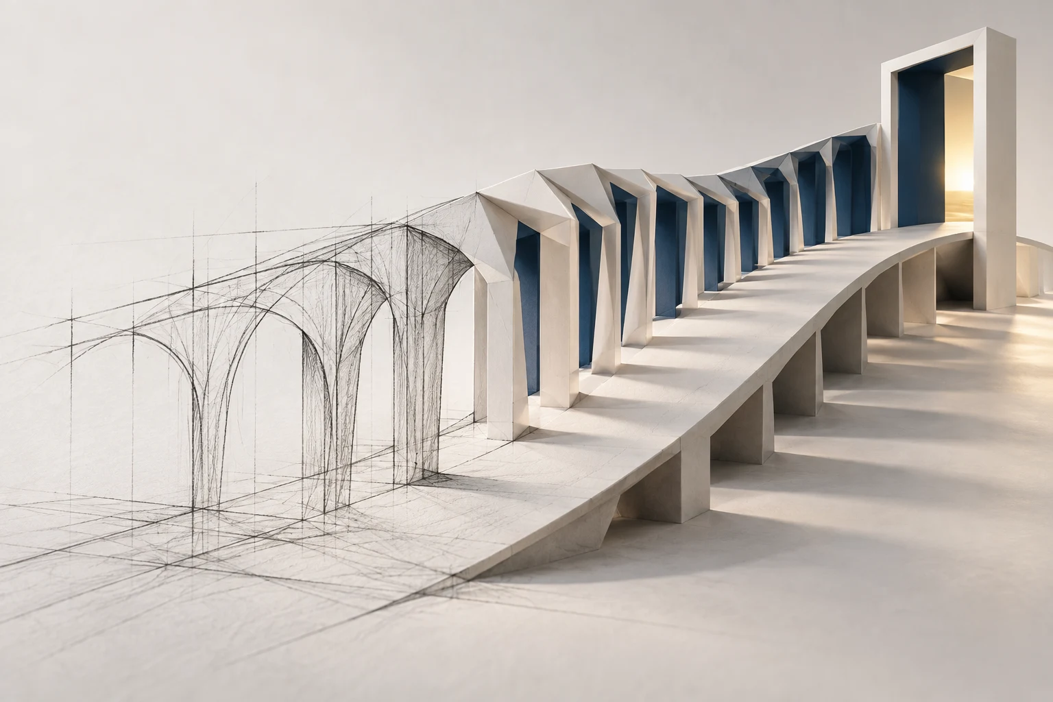 鉛筆の構想線が立体の紙建築と未来へ続く道に変わるコンセプトアート