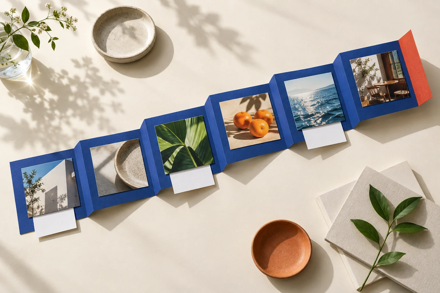 写真カードを青い紙の時間軸に並べ、SNS投稿の準備と計画を表したコンセプトアート